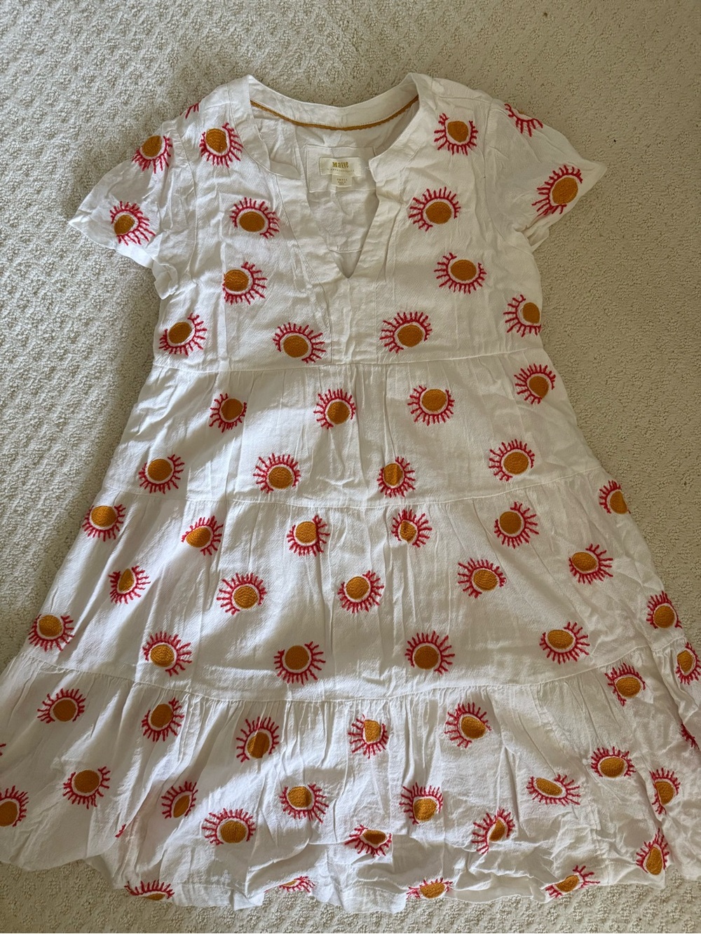 Maeve White Cotton Dress with Red & Yellow Sun Embroidery